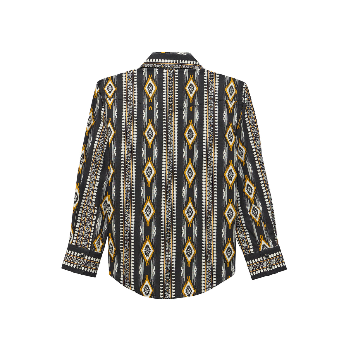 Wrangler Boys' Checotah long sleeve shirt in Crow Black, featuring button-up style and classic collar, made for casual wear.