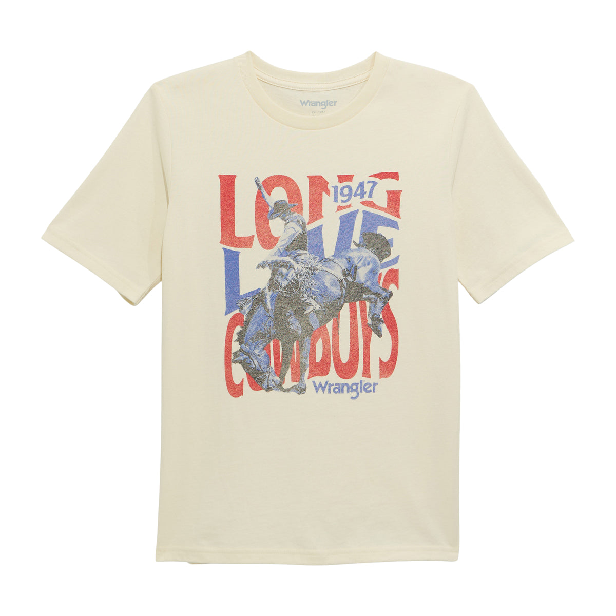 Wrangler Boys' short sleeve graphic T-shirt in antique white, featuring a casual, stylish design with logo and graphic print.