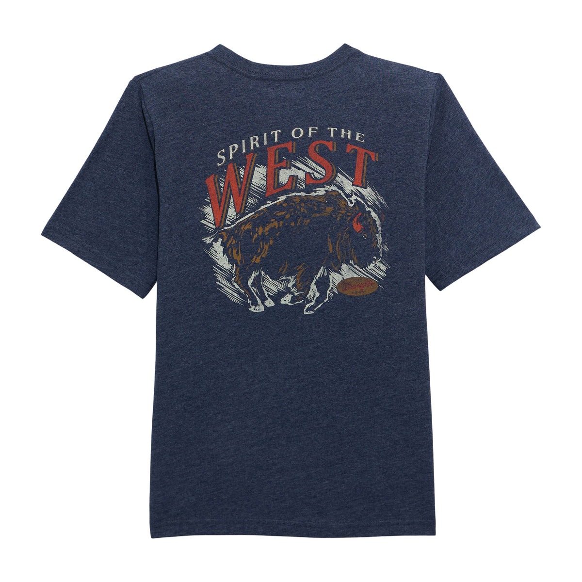 Wrangler Boys' short sleeve graphic T-shirt in Dress Blues Heather with colorful print design.