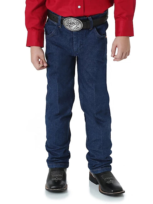 Wrangler Cowboy Cut Original Fit Boys' 1T-7 Jeans, Prewashed Indigo – front on model