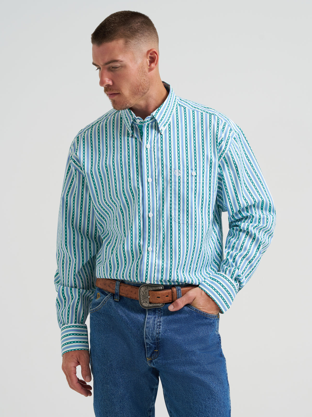 Wrangler Men's George Strait Collection aqua chain stripe long sleeve shirt with one chest pocket, casual Western style.