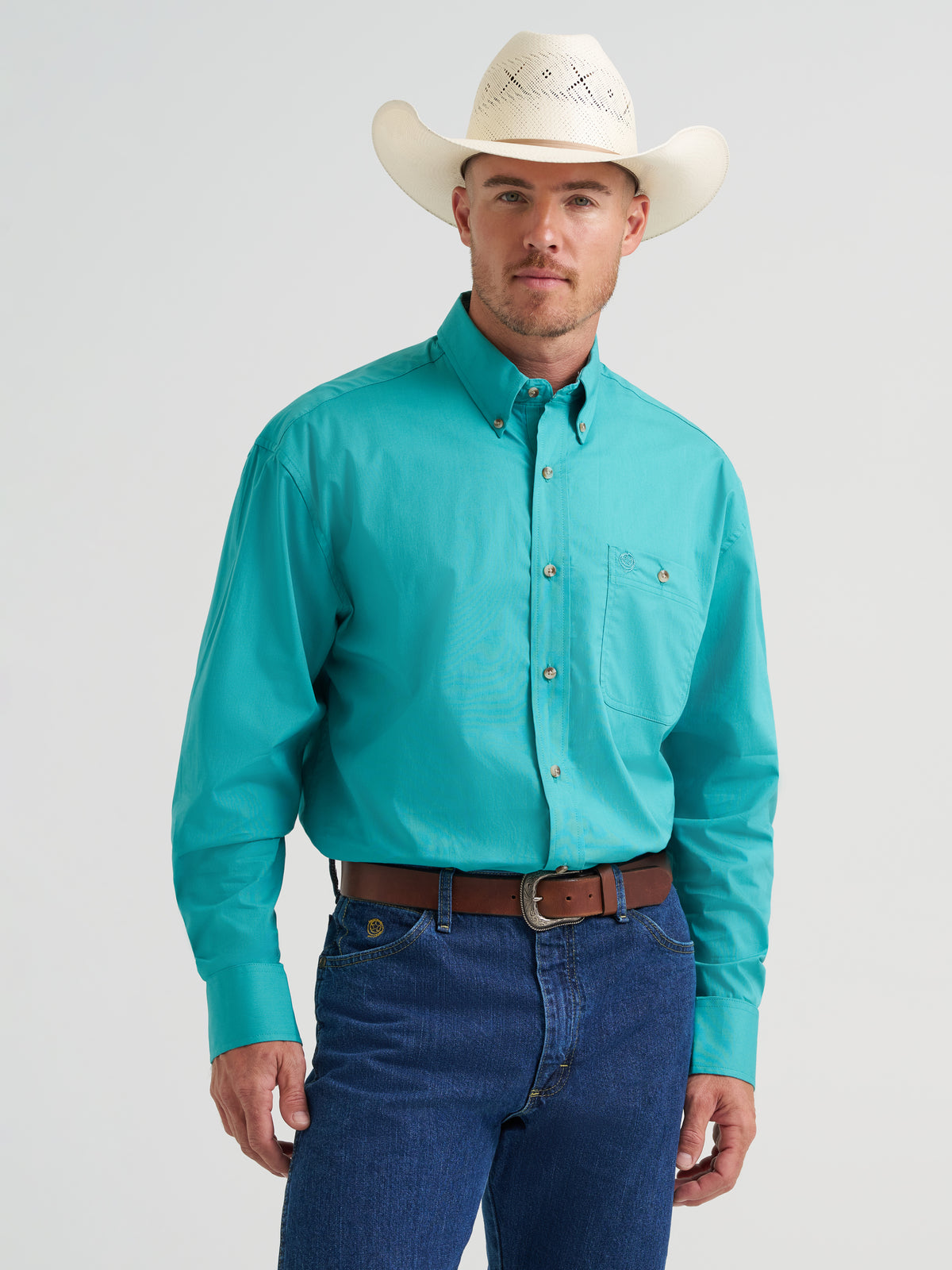 Wrangler Men's George Strait Collection aqua long sleeve shirt with one chest pocket, casual Western style.