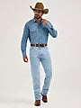 Wrangler Men's Authentic Cowboy Cut Work Shirt in stonewash denim with button-front and long sleeves, casual workwear style.