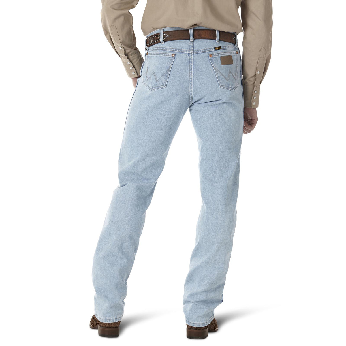 Wrangler Men's Cowboy Cut Original Fit Bleach Jeans showing distressed denim with classic Western styling.