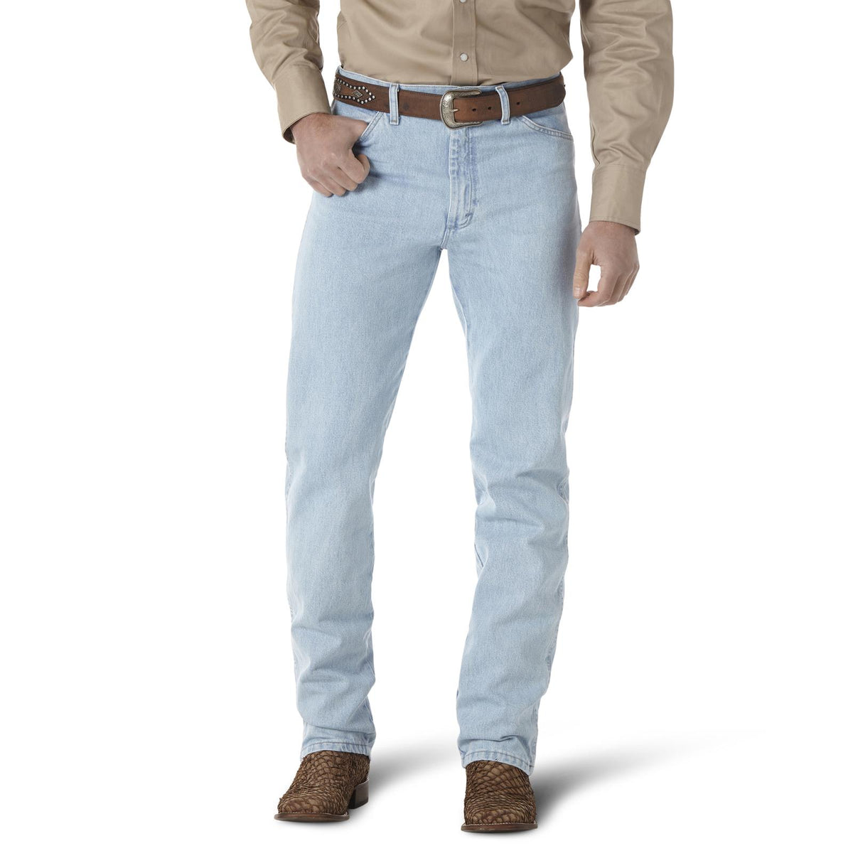 Wrangler Men's Cowboy Cut Original Fit jeans in prewashed indigo denim, displayed on a hanger with a focus on fit and color.