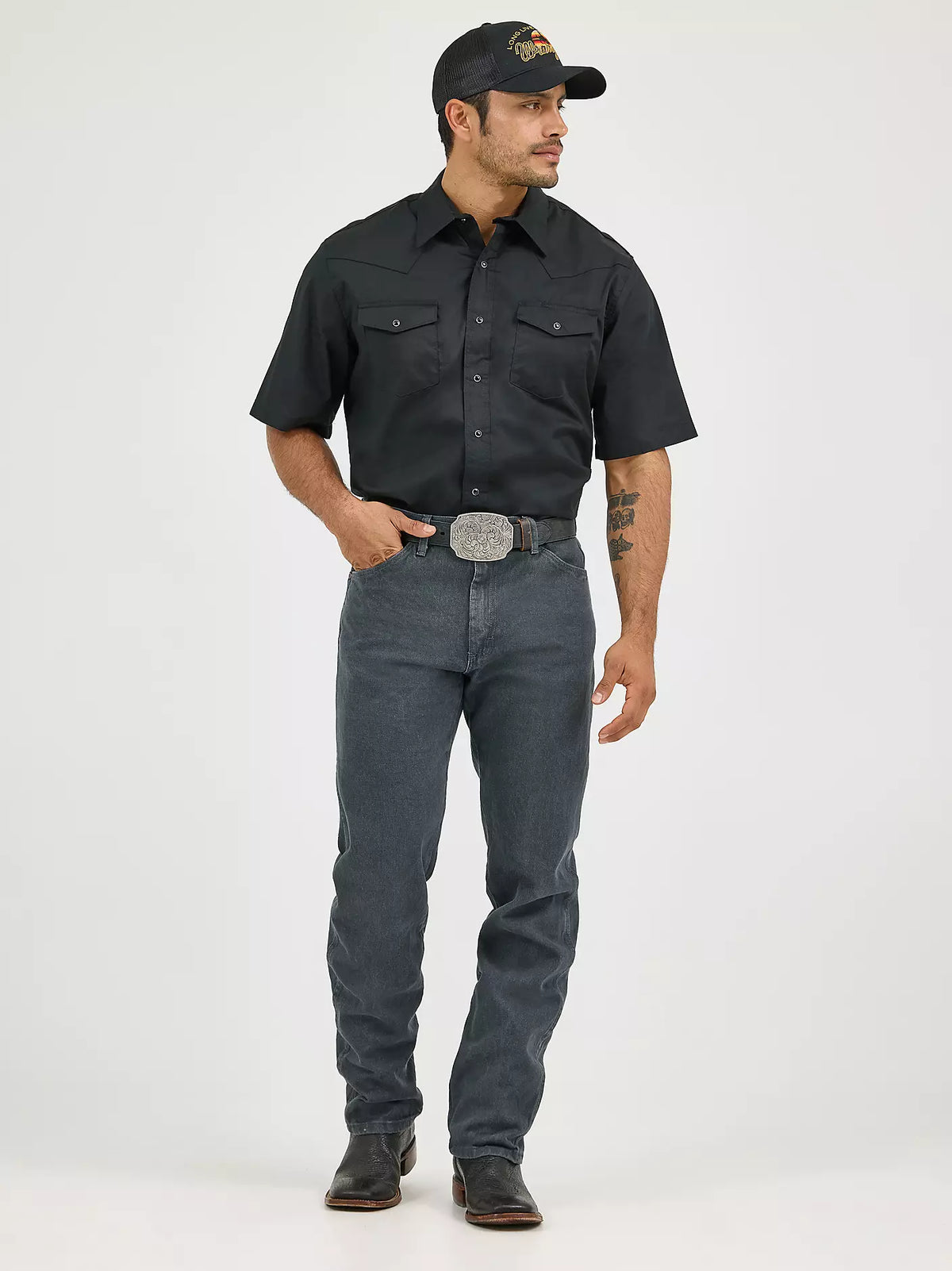 Wrangler Men's Cowboy Cut Original Fit jeans in charcoal gray, showcasing classic denim with a straight leg fit and five-pocket design.