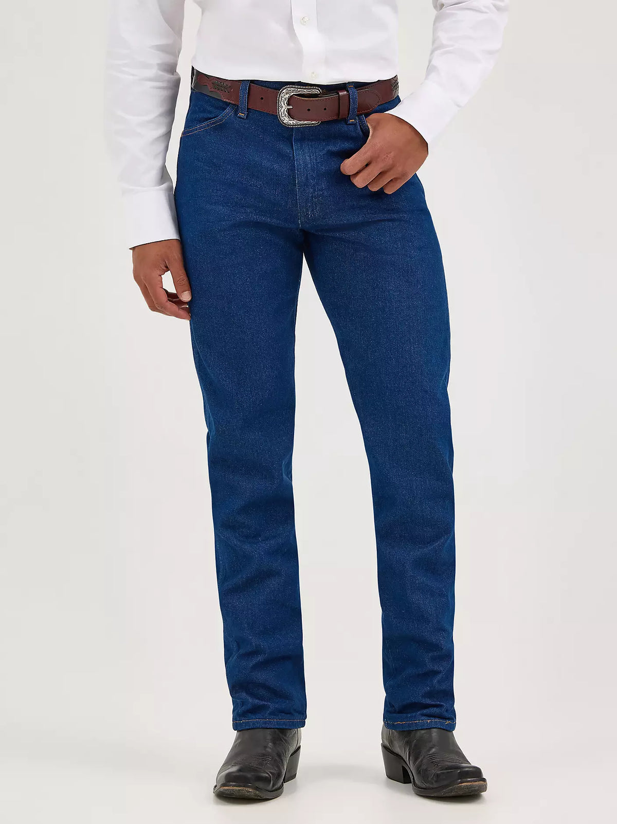 Wrangler Men's Cowboy Cut Original Fit jeans in prewashed indigo denim, casual fit, classic Western style.
