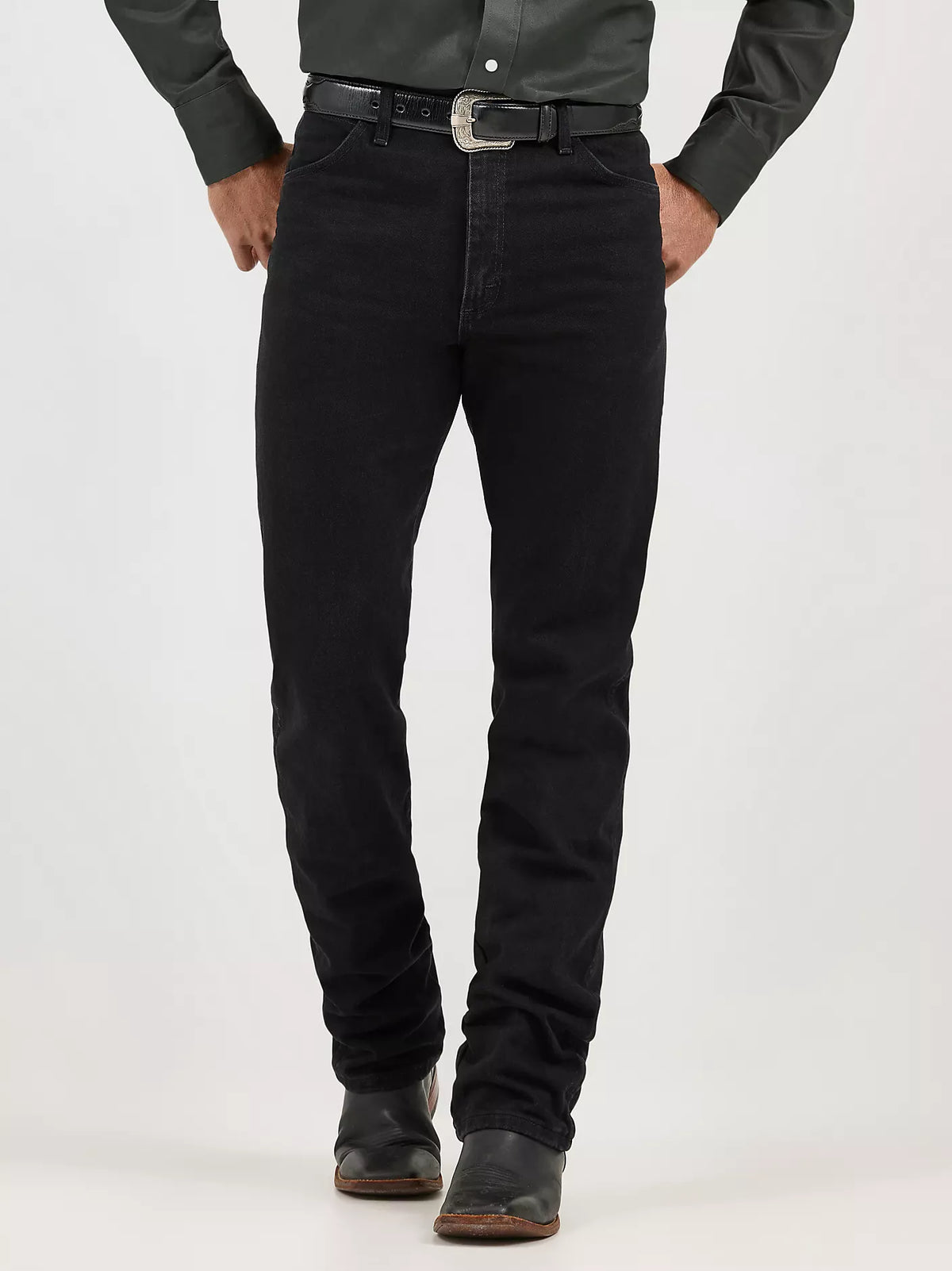 Wrangler Men's Cowboy Cut Original Fit jeans in prewashed indigo denim, shown in shadow black with classic western styling.