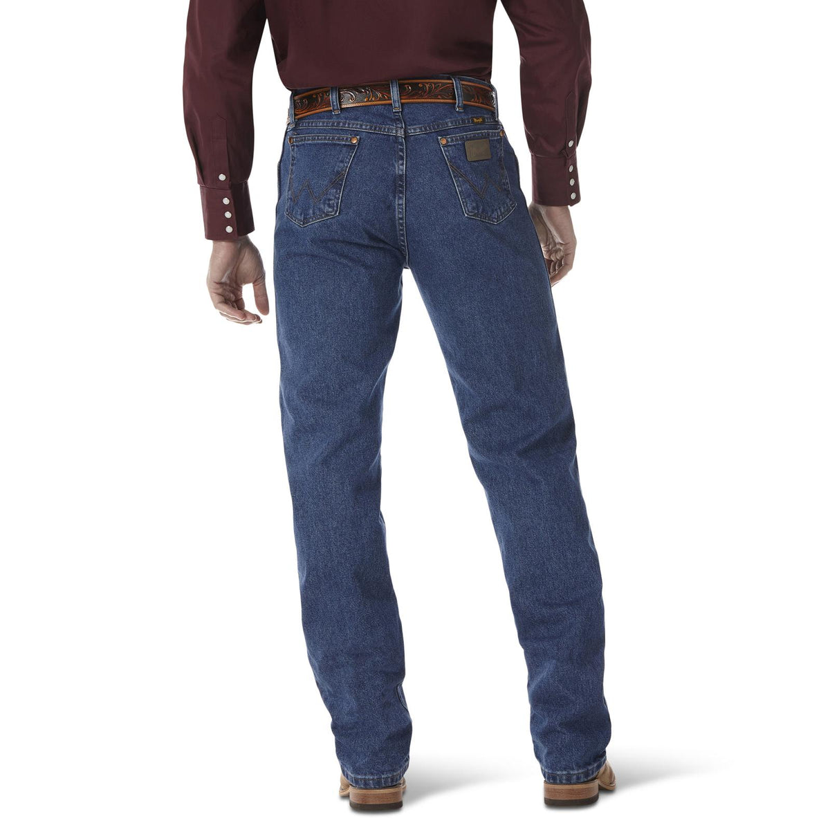 Wrangler Men's Cowboy Cut Original Fit stonewash jeans, durable denim with classic Western style and authentic stitching.