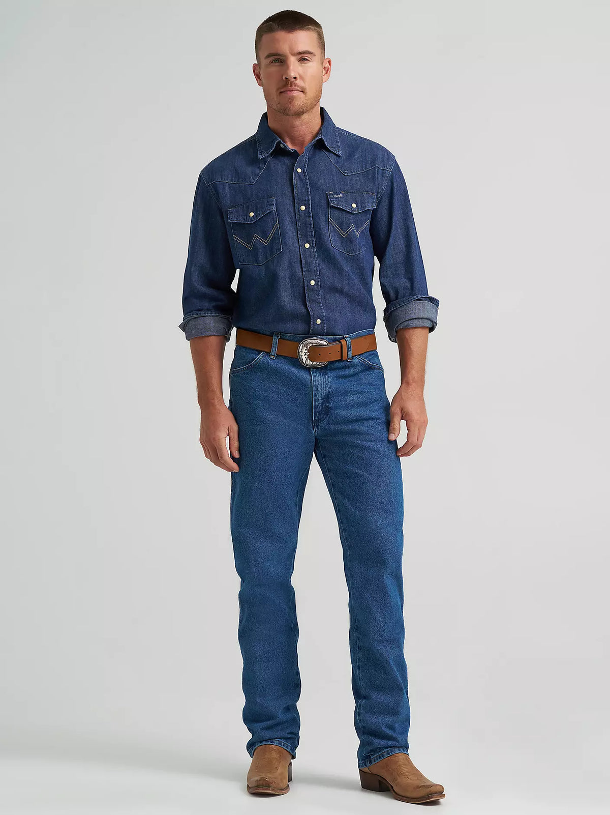 Wrangler Men's Cowboy Cut Original Fit Stonewash Jeans with classic five-pocket design and durable denim fabric.