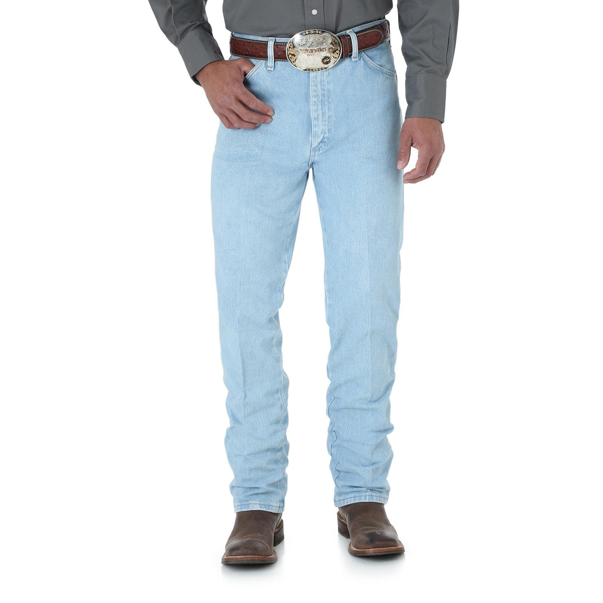 Wrangler Men's Cowboy Cut Slim Fit jeans in antique wash, showing classic denim with a slim fit and authentic cowboy style.