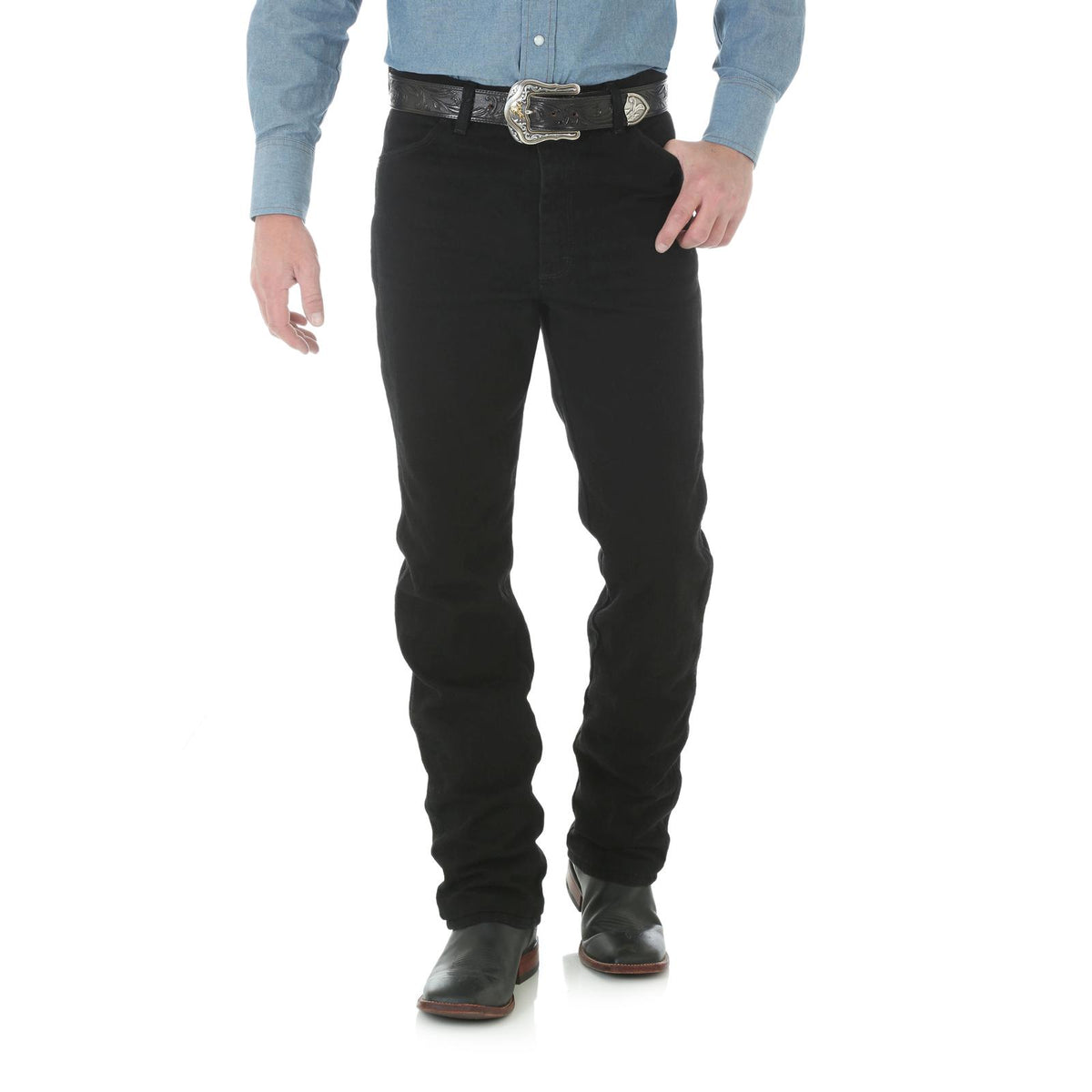 Wrangler Men's Cowboy Cut Slim Fit jeans in antique wash with shadow black color, shown on a model.