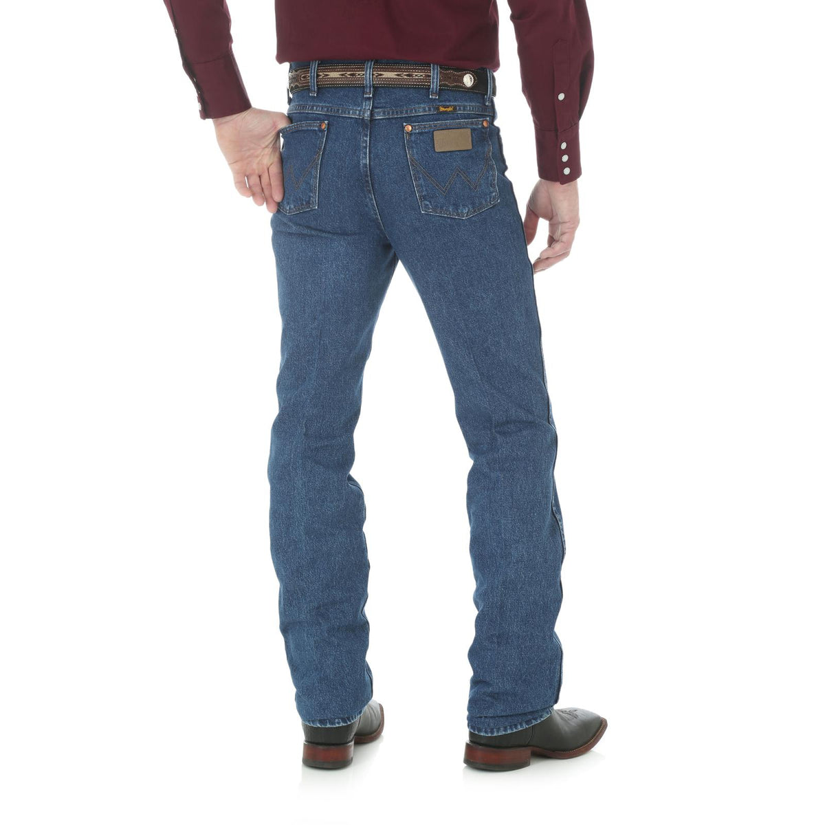 Wrangler Men's Cowboy Cut Slim Fit Stonewashed Jeans, blue denim with classic five-pocket design and sturdy belt loops.