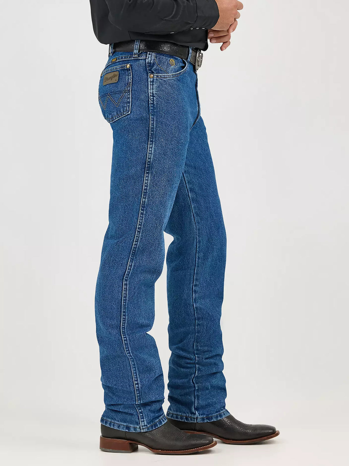 Wrangler Men's George Strait Cowboy Cut Original Fit heavyweight stone denim jeans, rugged and durable for classic Western style.