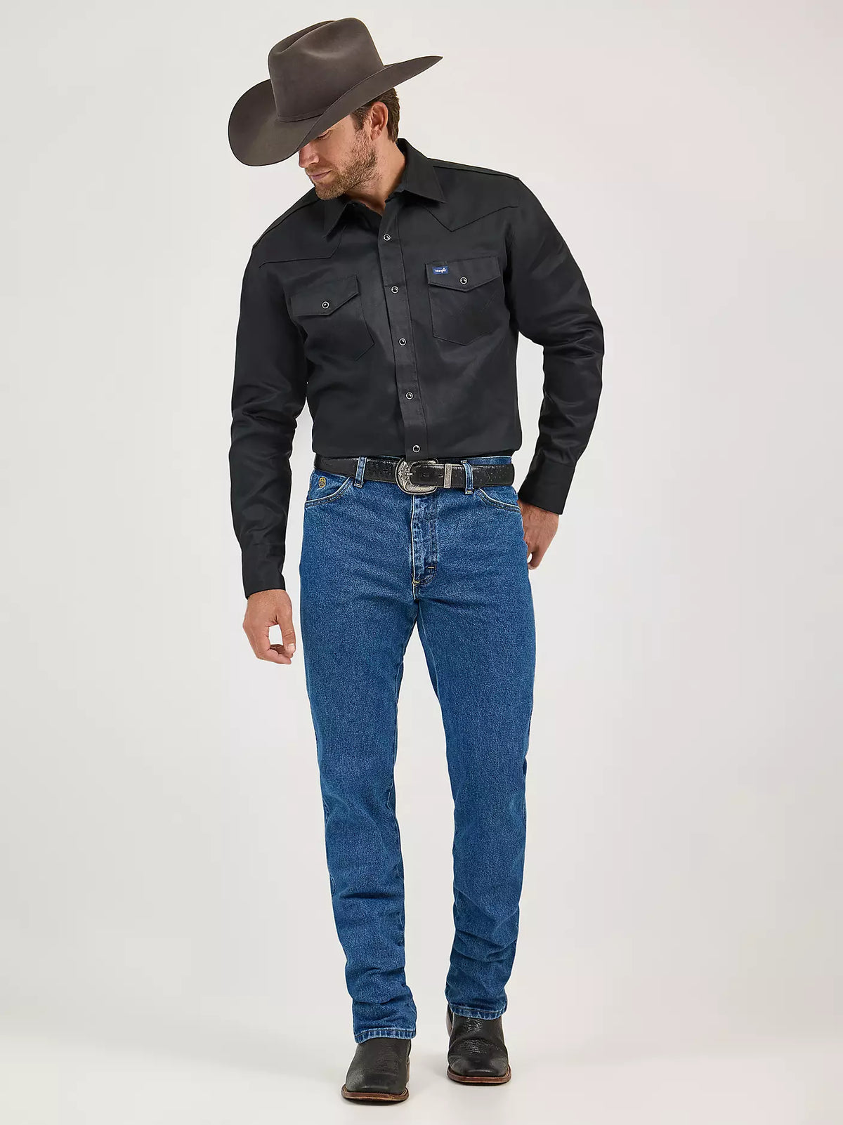 Wrangler Men's George Strait Cowboy Cut Original Fit heavyweight stone denim jeans with classic rugged style and durable fabric.