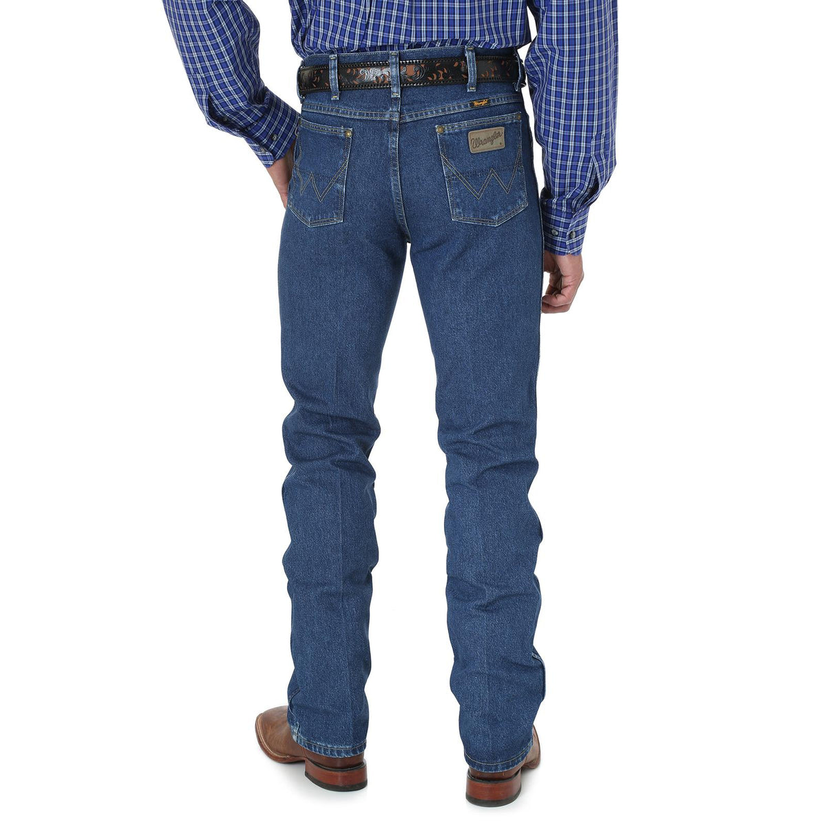 Wrangler Men's George Strait Cowboy Cut Slim Fit Heavyweight Stone Denim Jeans laid flat showing front and back details.