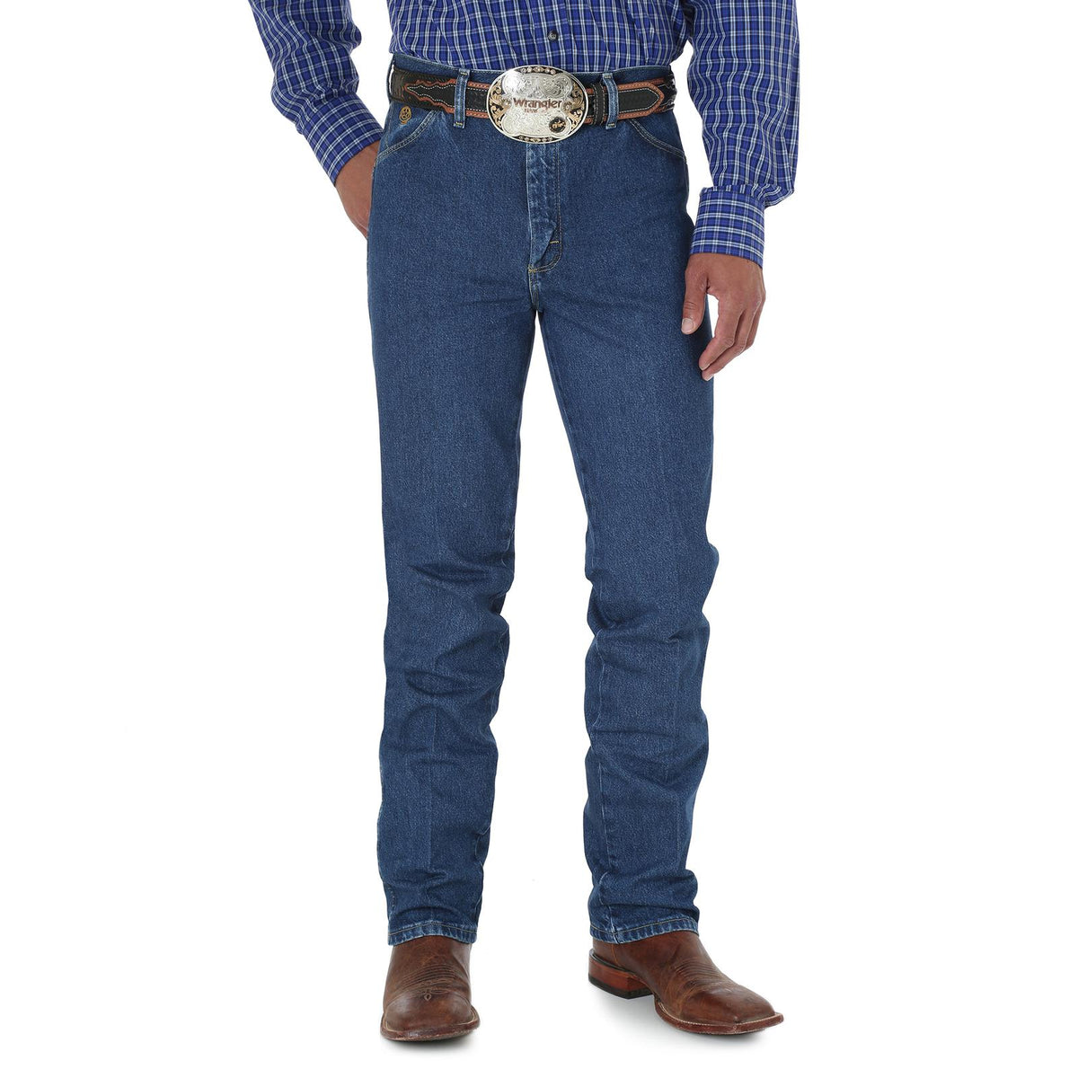Wrangler Men's George Strait Cowboy Cut Slim Fit Heavyweight Stone Denim Jeans, front view showing classic denim texture and fit.
