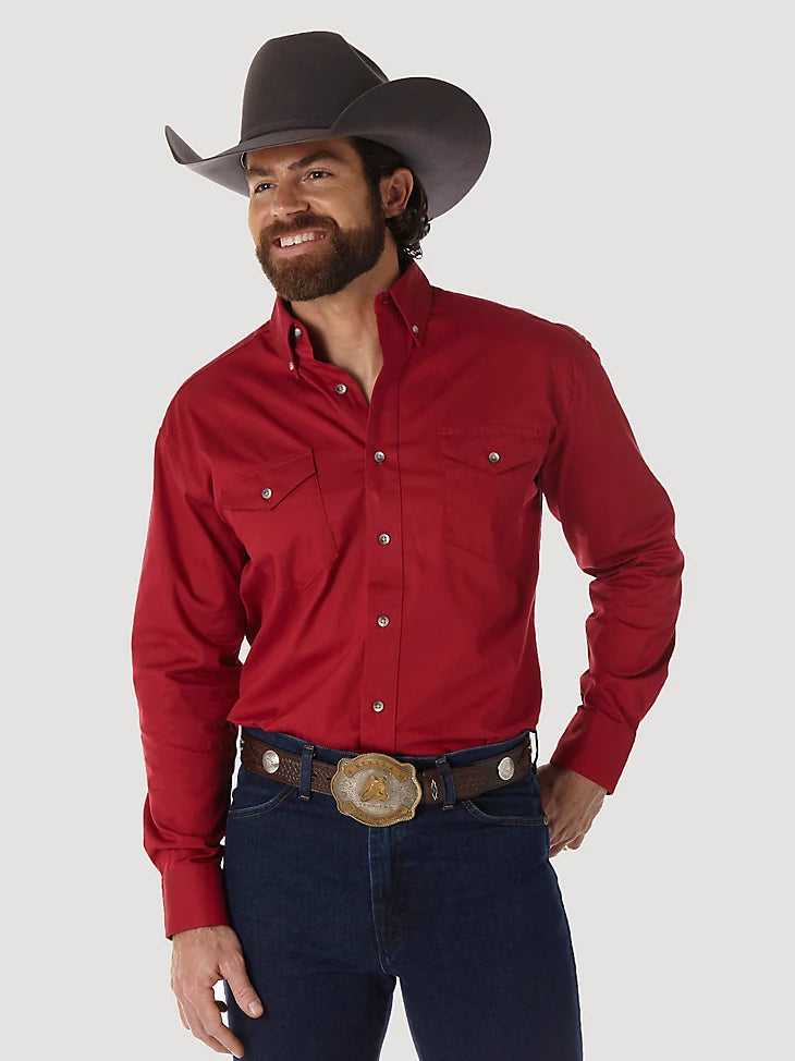 Wrangler Men's Painted Desert Long Sleeve Twill Shirt, Red – front 3/4 on model