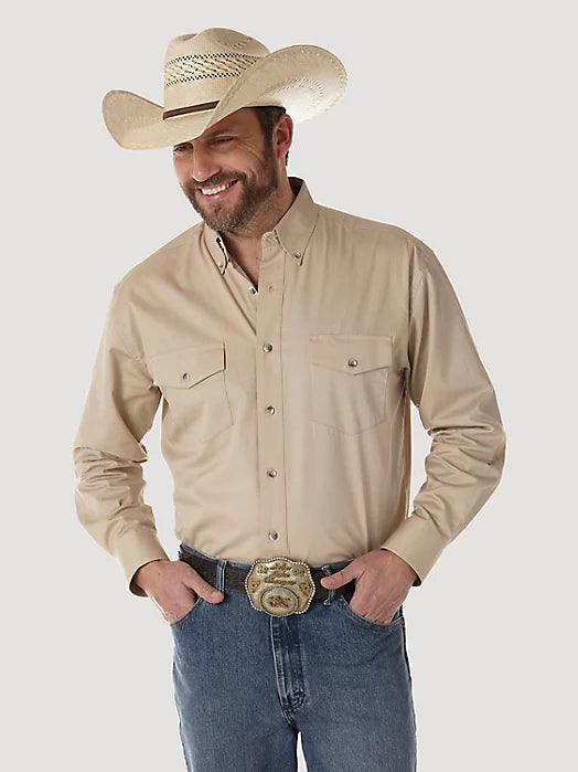 Wrangler Men's Painted Desert Long Sleeve Twill Shirt, Tan – front 3/4 on model