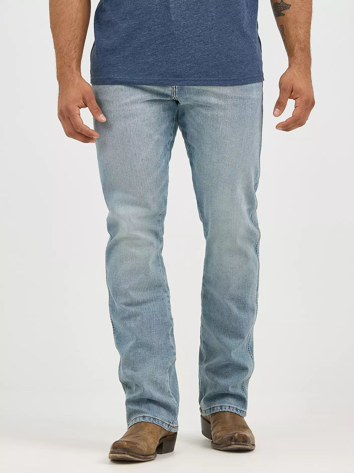 Wrangler Men's Retro Slim Boot Jean in Layton wash, showcasing classic denim fit and style with a slim boot cut silhouette.