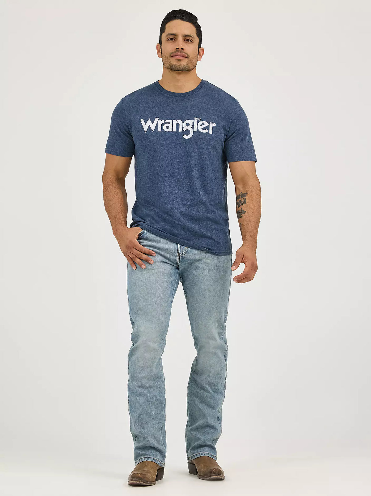 Wrangler Men's Retro Slim Boot Jeans in BR Wash, showcasing classic fit with a modern slim silhouette and boot cut design.