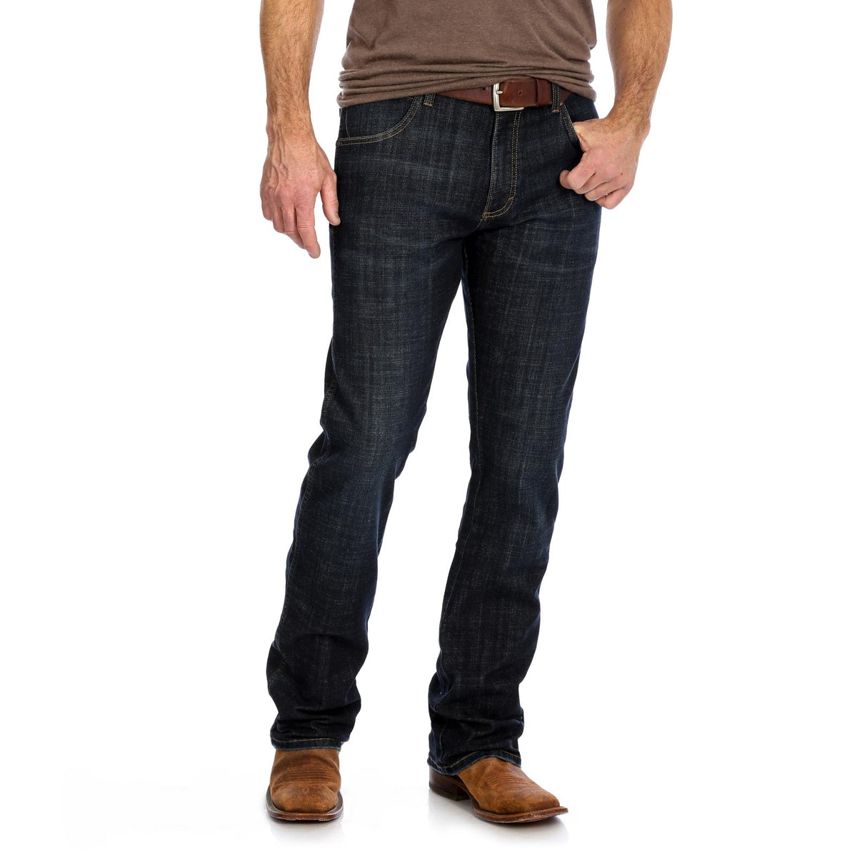 Wrangler Men's Retro Slim Boot Jean in Layton style, shown in dark denim with classic stitching and a relaxed fit.