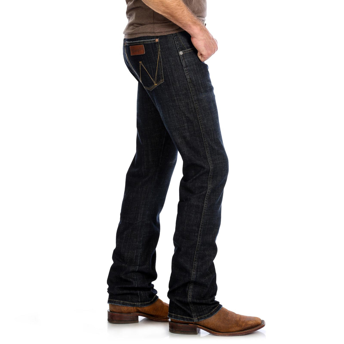 Wrangler Men's Retro Slim Boot Jean Dax style in classic denim, shown on a model highlighting the fit and boot cut design.