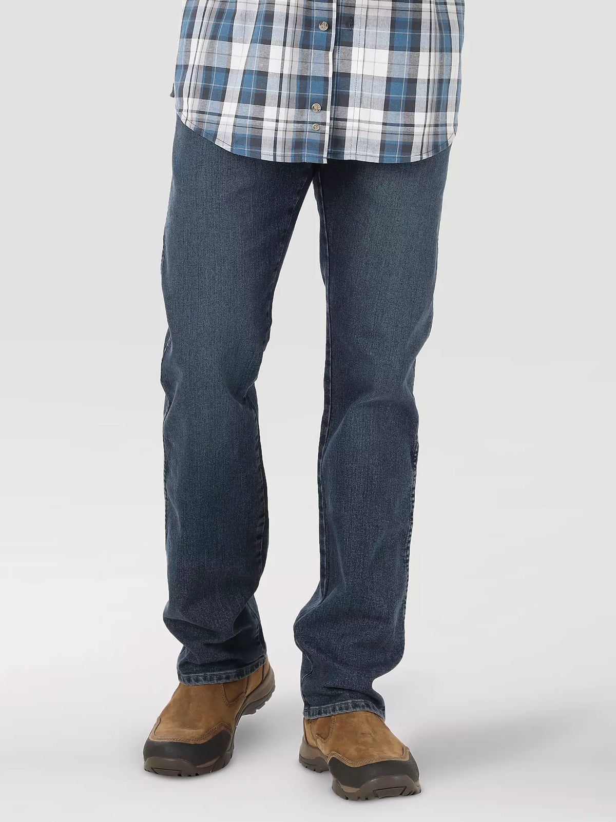 Wrangler Men's Rugged Wear Performance Series jeans in mid-indigo, regular fit, durable denim with classic five-pocket design.