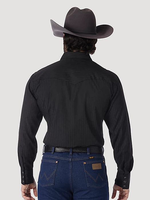 Wrangler Men's Western Long Sleeve Snap Dobby Stripe Shirt, Black – back on model