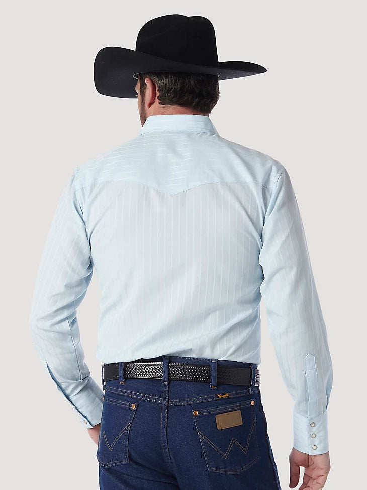 Wrangler Men's Western Long Sleeve Snap Dobby Stripe Shirt, Blue – back on model