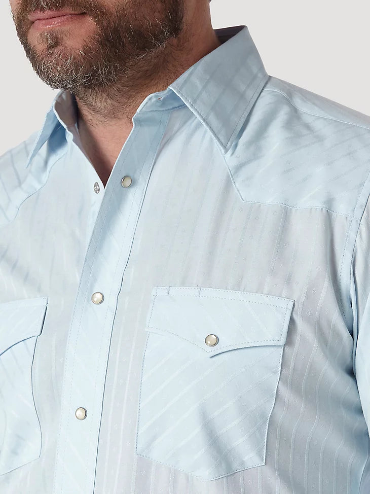 Wrangler Men's Western Long Sleeve Snap Dobby Stripe Shirt, Blue – collar and pocket detail