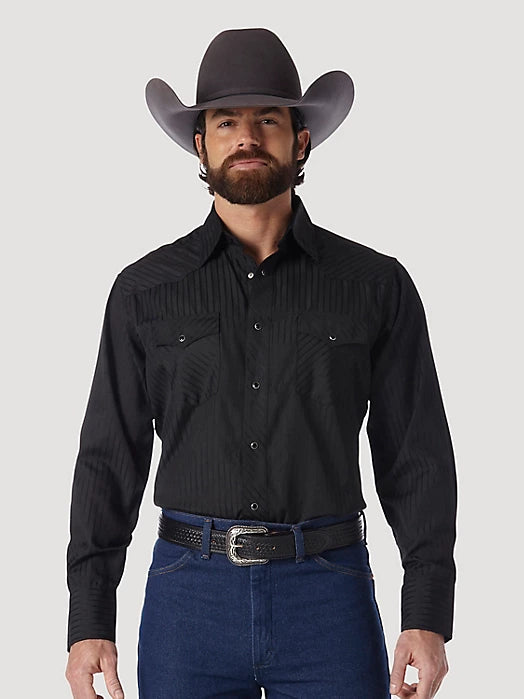 Wrangler Men's Western Long Sleeve Snap Dobby Stripe Shirt, Black – front 3/4 on model