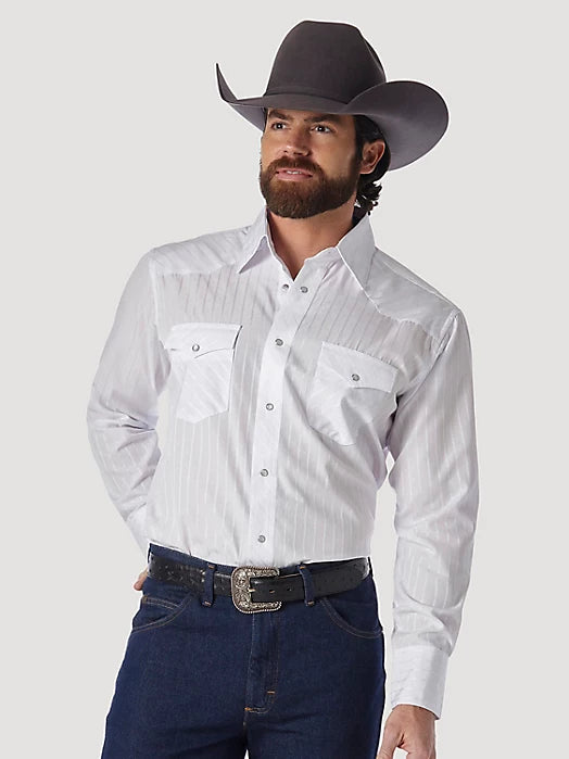 Wrangler Men's Western Long Sleeve Snap Dobby Stripe Shirt, White – front 3/4 on model