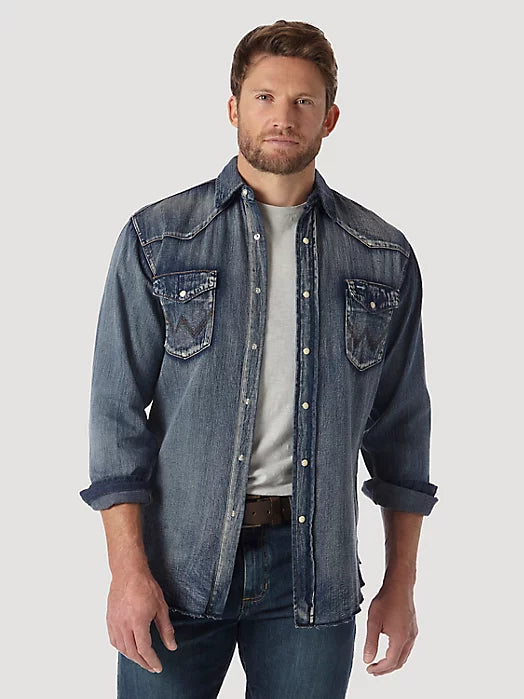 Wrangler Men's Authentic Cowboy Cut Work Shirt, Antique Blue – front on model