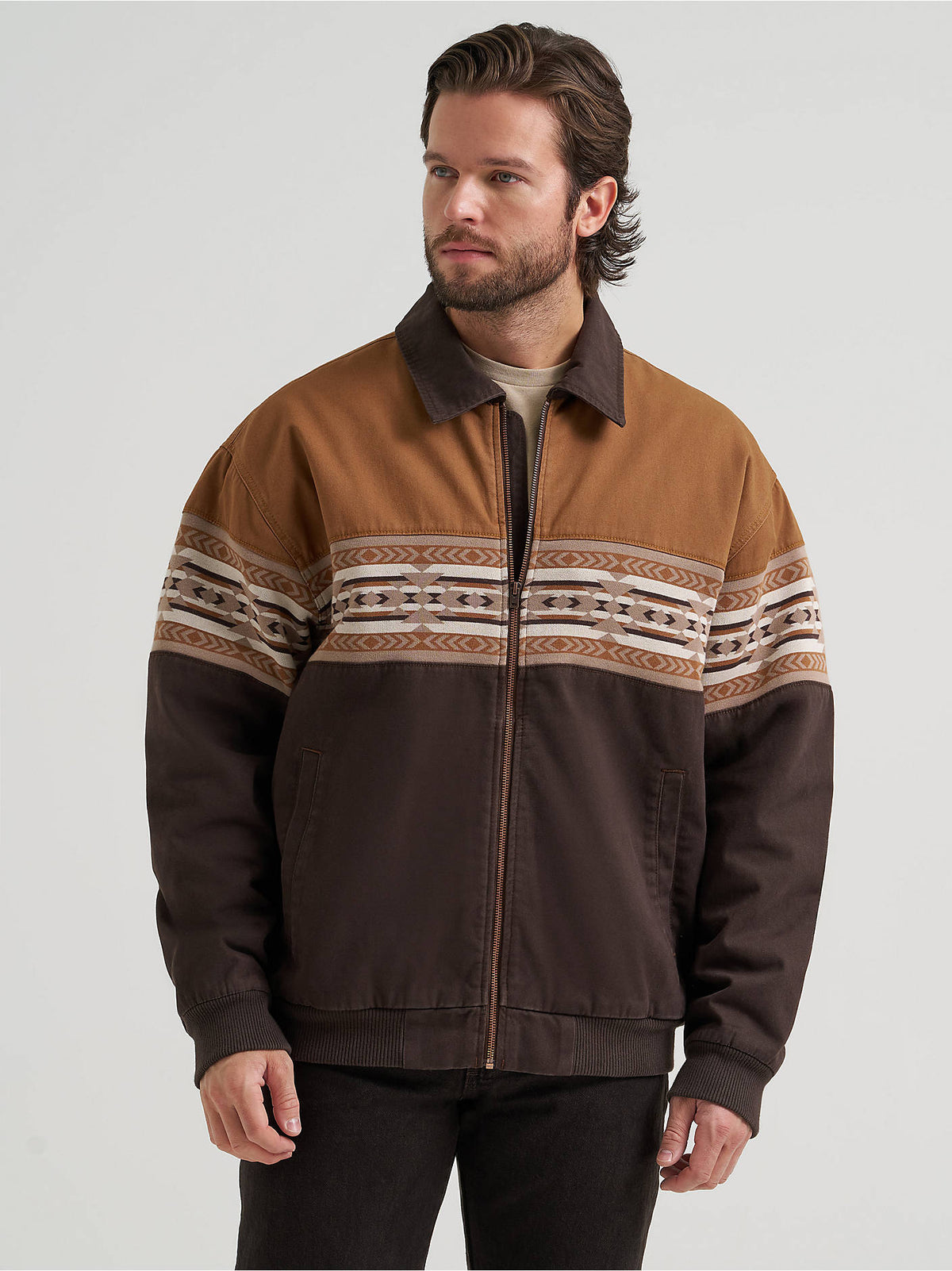 Front view of the Wrangler® Checotah® Bomber Jacket in Chocolate Torte, showing the zip front, rib knit cuffs and waist, and geometric Checotah stripe.