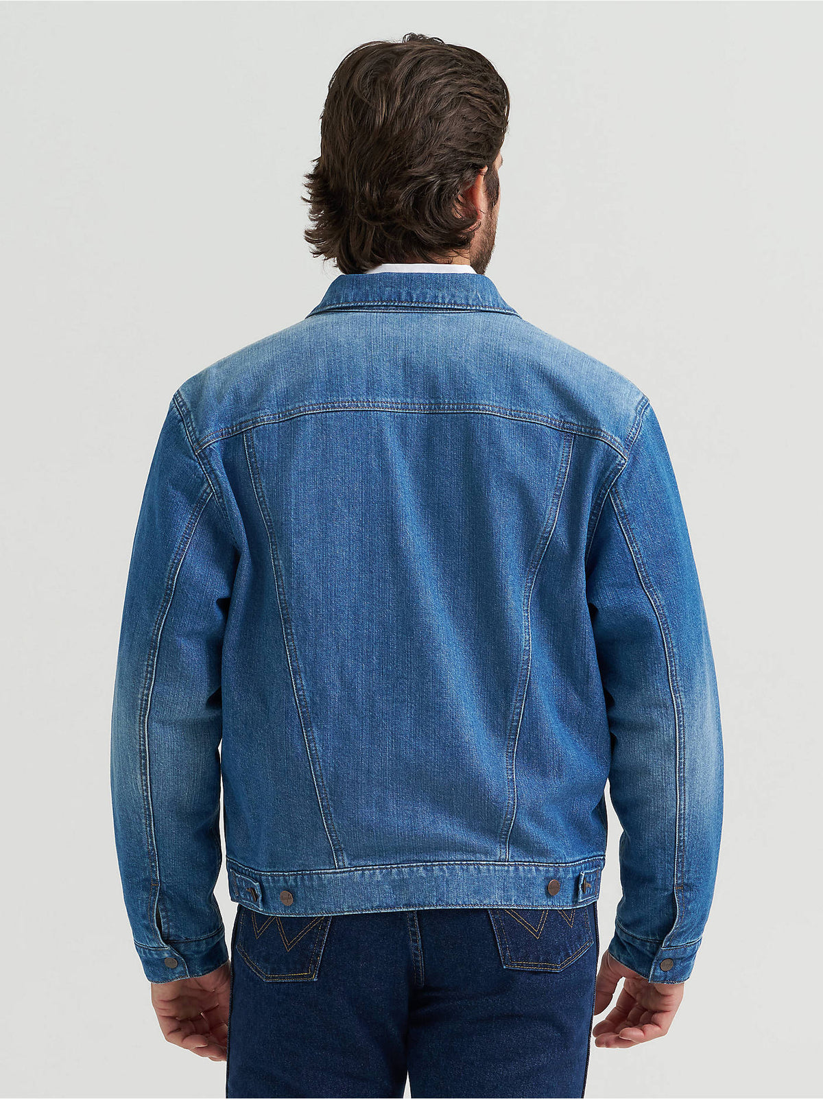 Wrangler® Cowboy Cut Flannel Lined Denim Jacket in Blue Indigo, studio product shot.