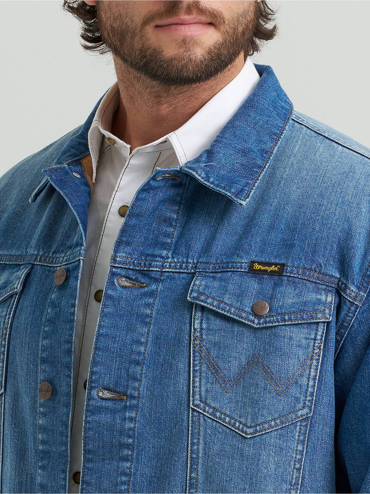Wrangler® Cowboy Cut Flannel Lined Denim Jacket in Blue Indigo, detail view.