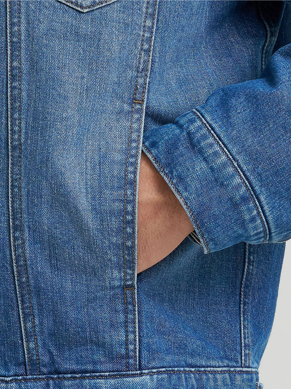 Wrangler® Cowboy Cut Flannel Lined Denim Jacket in Blue Indigo, flannel lining detail.