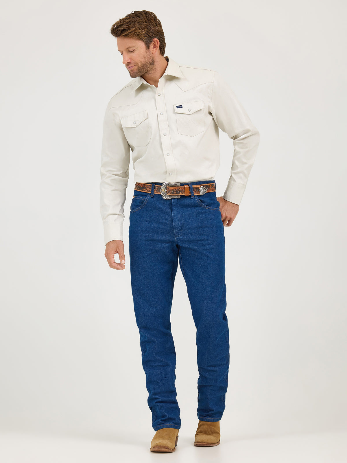 Wrangler Men's Cowboy Cut Relaxed Fit Jean, Prewashed Indigo – full length