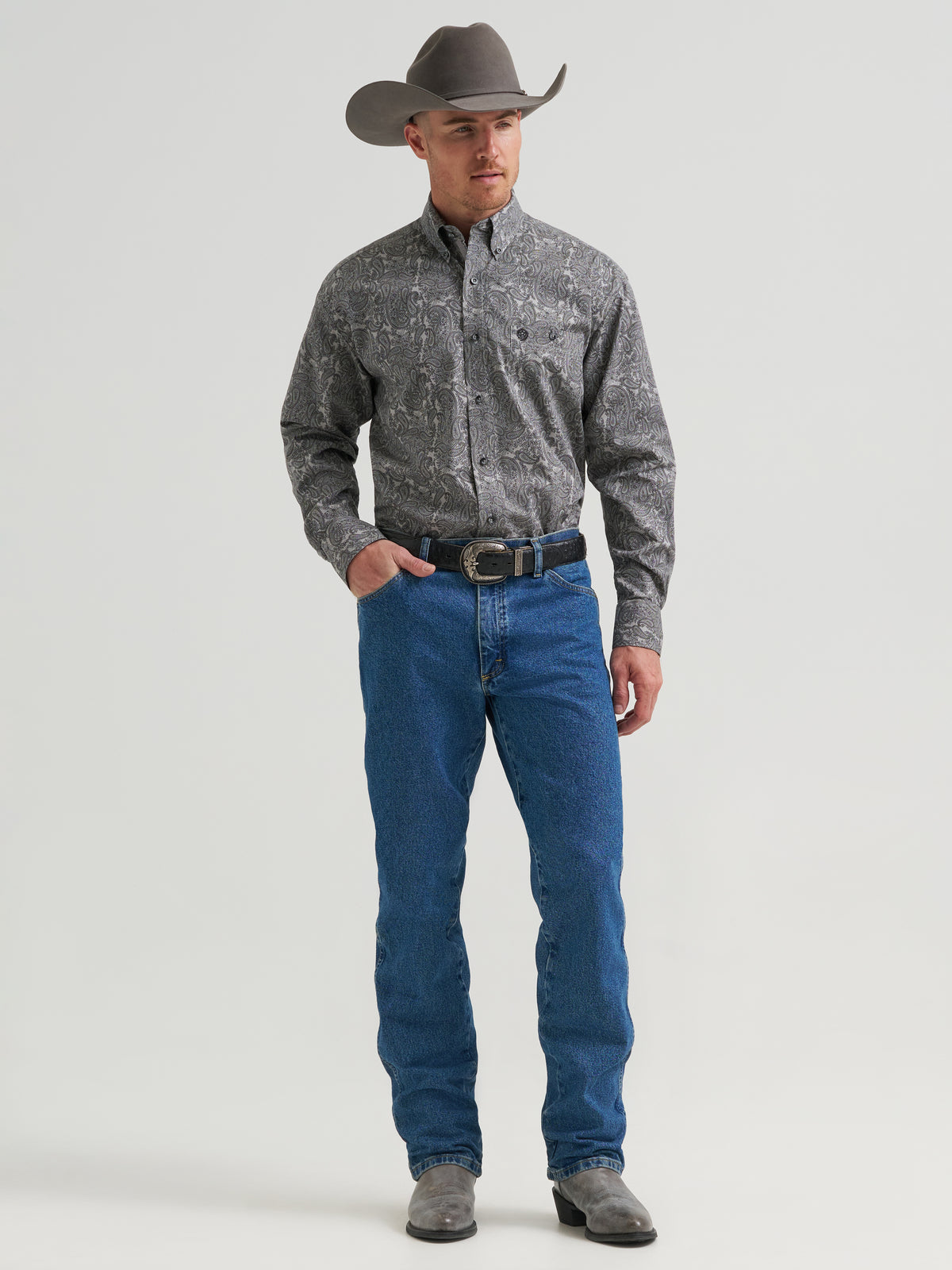 Wrangler Men's George Strait Collection One Pocket Long Sleeve Shirt - Stretch, Grey/Black – front