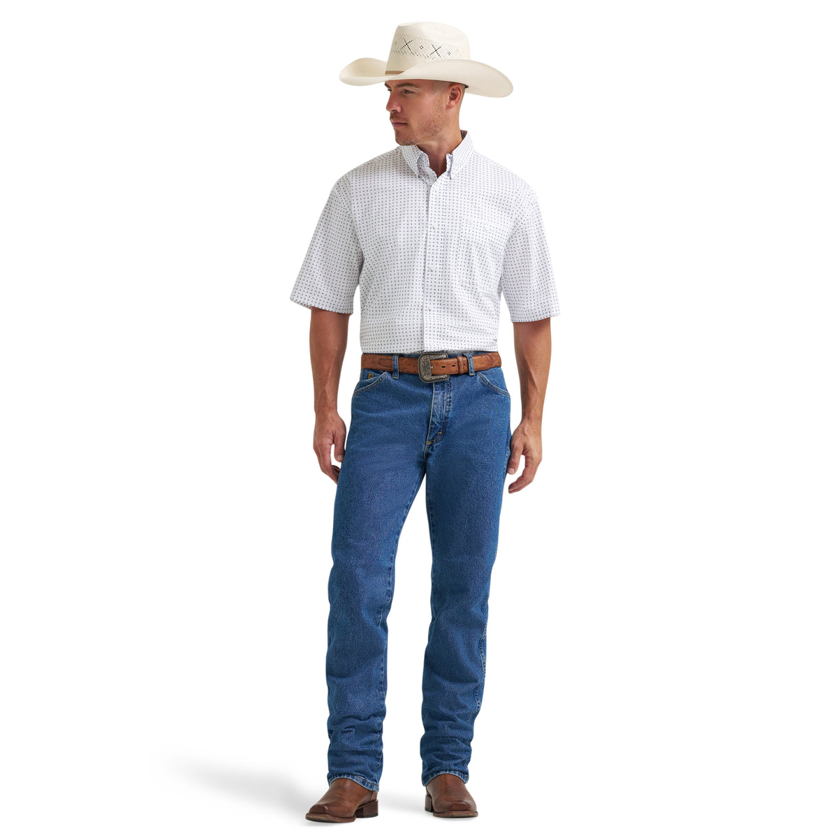 Wrangler Men's George Strait Collection One Pocket Short Sleeve Shirt, White/Blue – full length