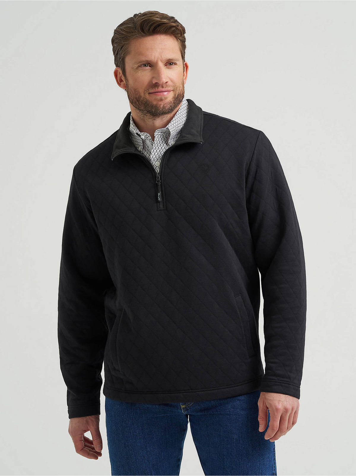 Wrangler Men's George Strait Collection Quilted Quarter-Zip Pullover, Black – front