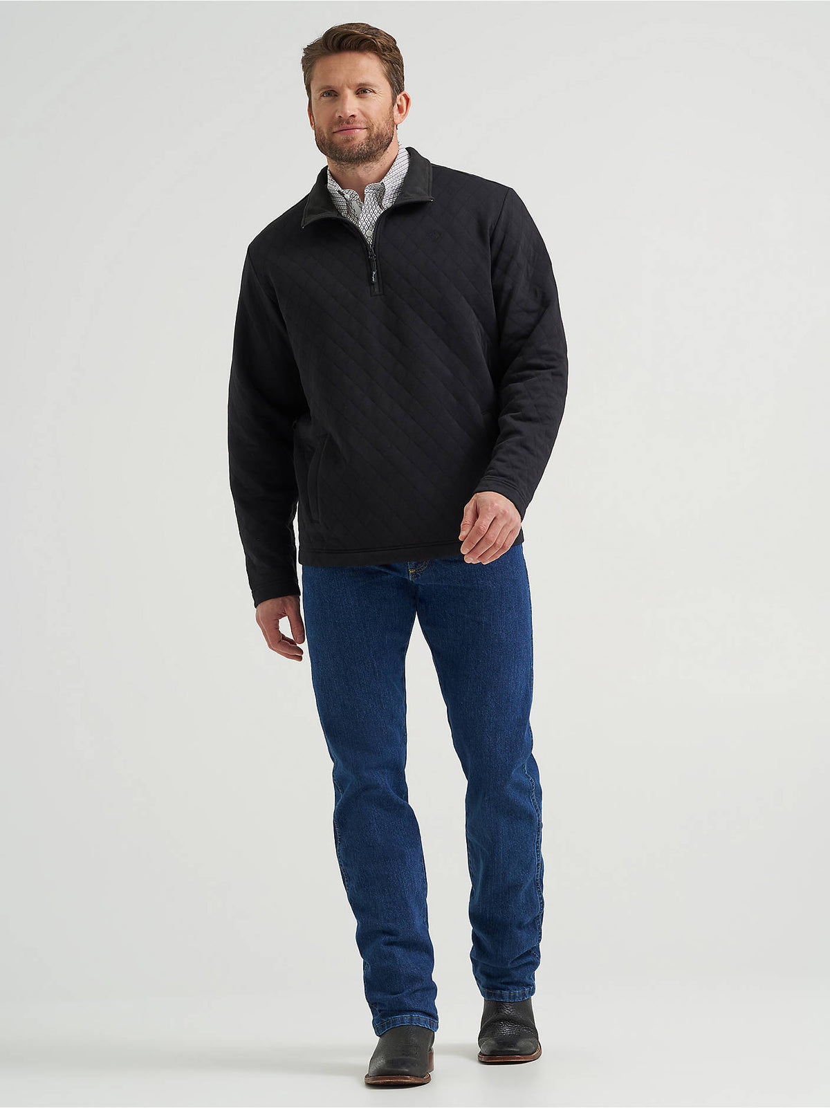 Wrangler Men's George Strait Collection Quilted Quarter-Zip Pullover, Black – full length