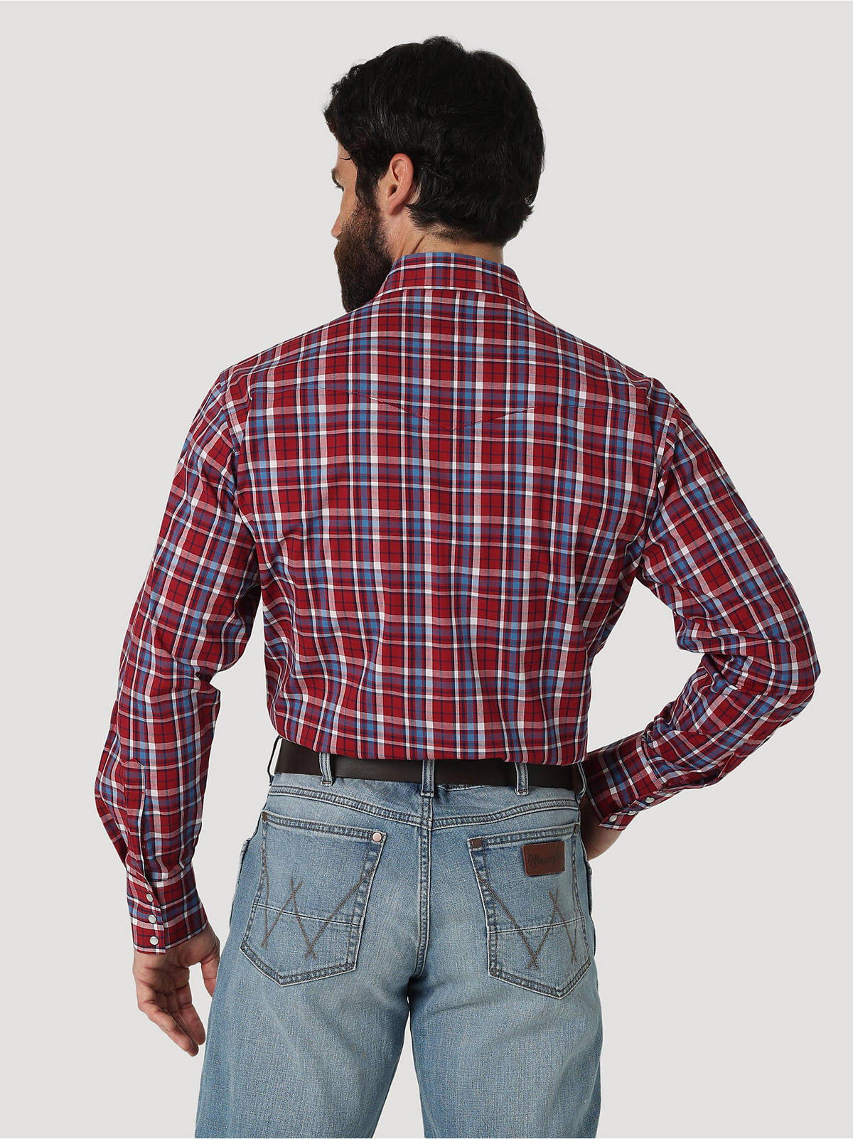 Wrangler Men's Long Sleeve Snap Shirt, Red/Blue Plaid – back