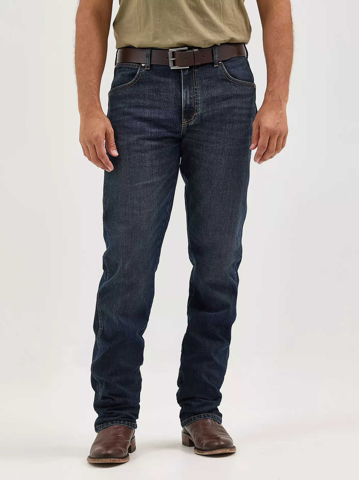 Wrangler Men's Retro Slim Straight Jeans in Tilden wash laid flat, showing classic denim style and fit.