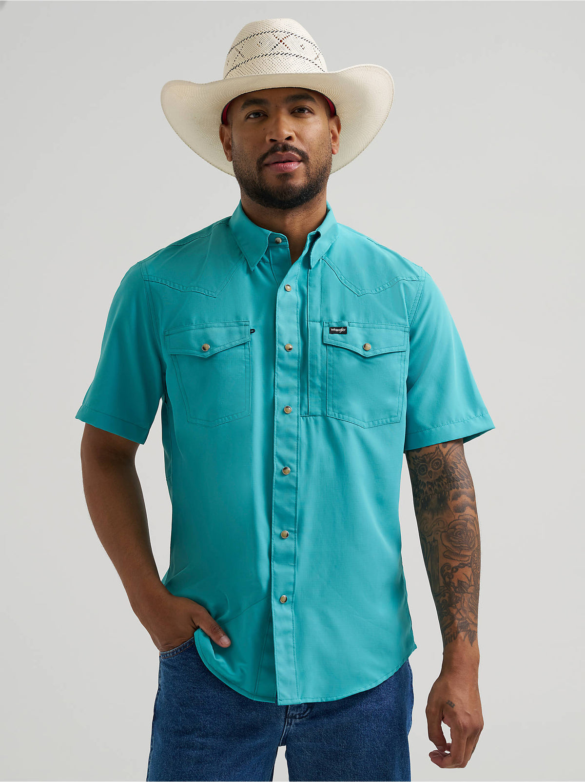 Wrangler ATG Men's Short Sleeve Western Performance Shirt, Turquoise – front