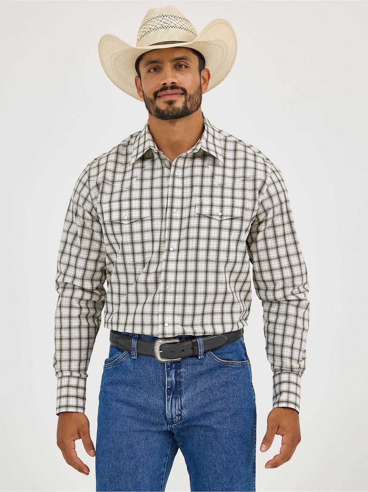 Wrangler Men's Wrinkle Resist Long Sleeve Shirt, Olive Plaid – front