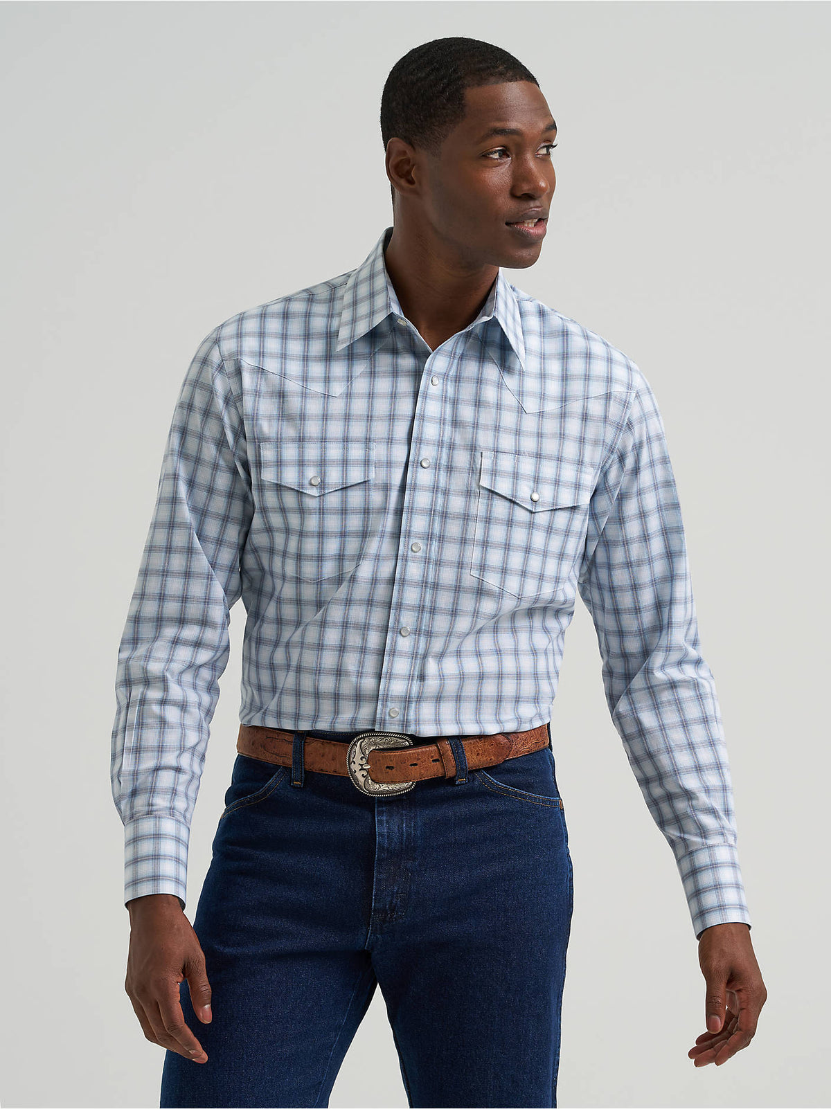 Wrangler Men's Wrinkle Resist Long Sleeve Western Snap Plaid Shirt - Slate - front view