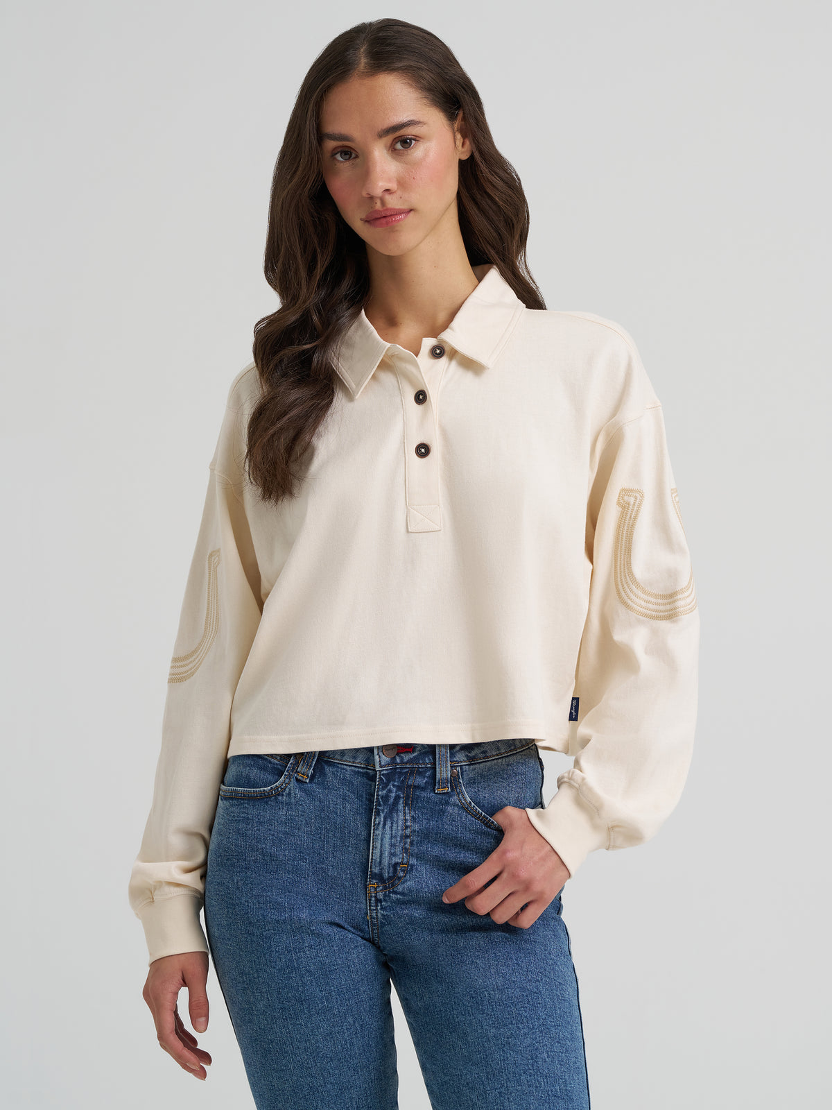 Wrangler Women's Western Polo Shirt, Cream – front waist-up