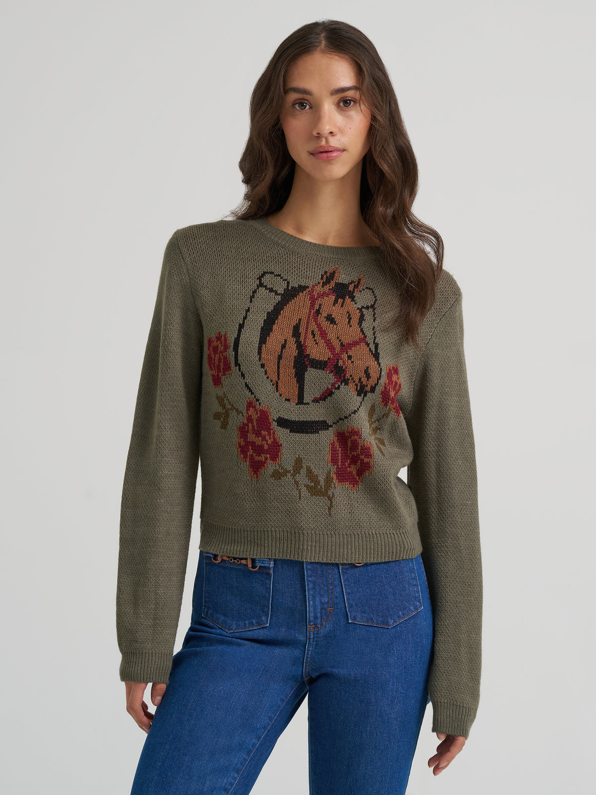 Wrangler Retro Women's Vintage Sweater Crew, Green – front waist-up